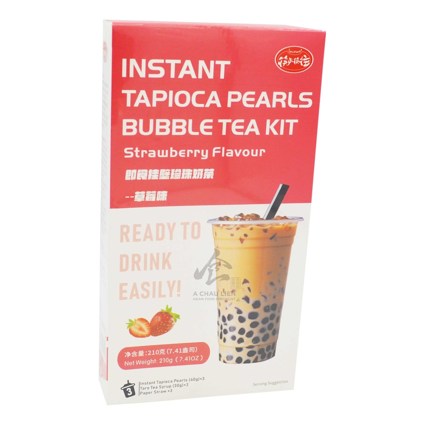 INSTANT BUBBLE TEA KIT STRAWBERRY FLAVOUR (3PCS x 70G) 24 x 210g KLKW