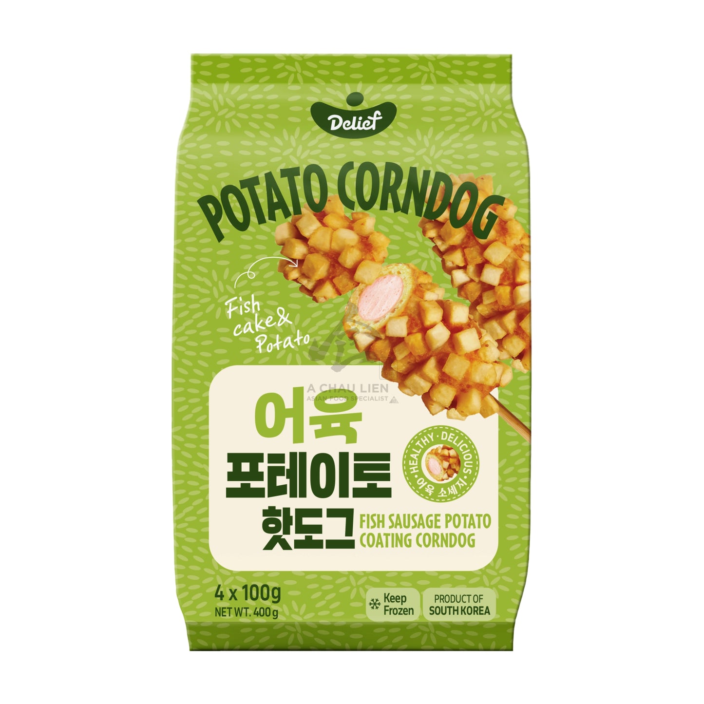 FROZEN POTATO KOREAN CORN DOG FISH SAUSAGE (4PCS X 100G) 12 x 400g DELIEF