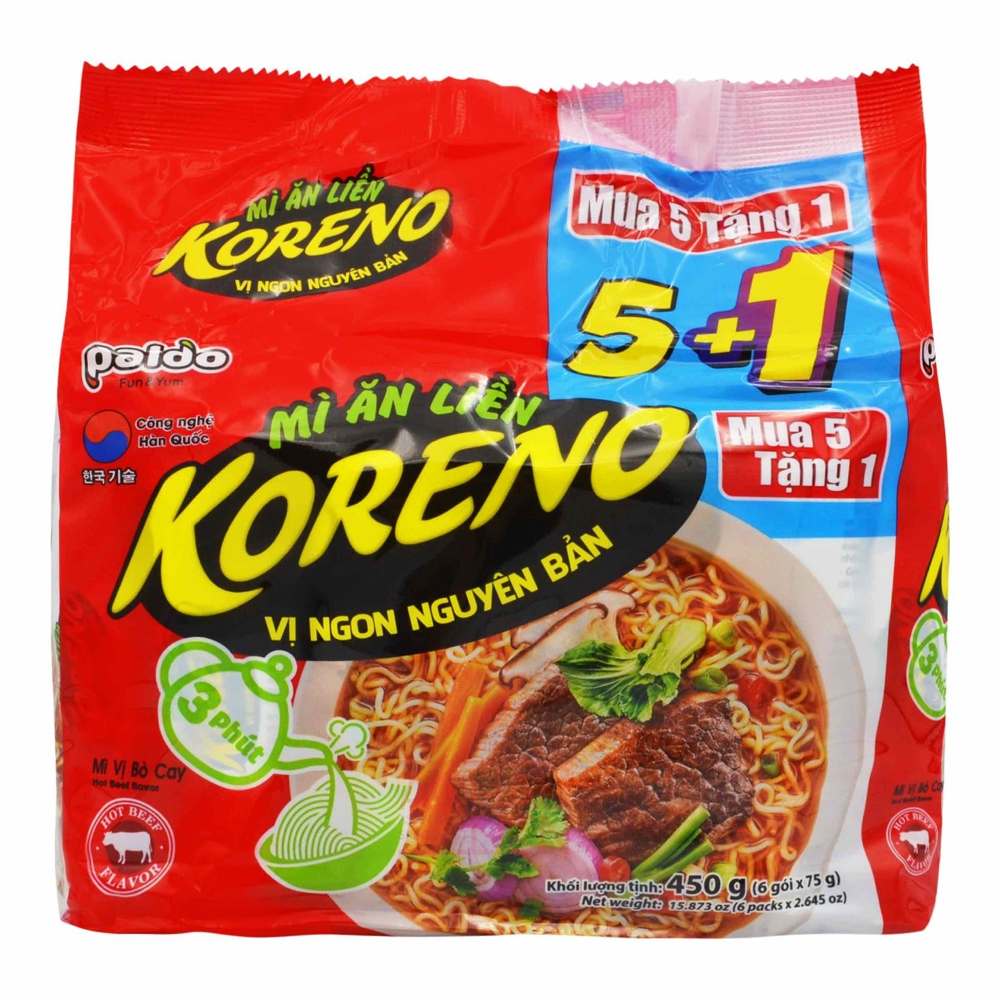 KORENO INSTANT HOT BEEF NOODLE SOUP JUMBO 6 x 450g PALDO