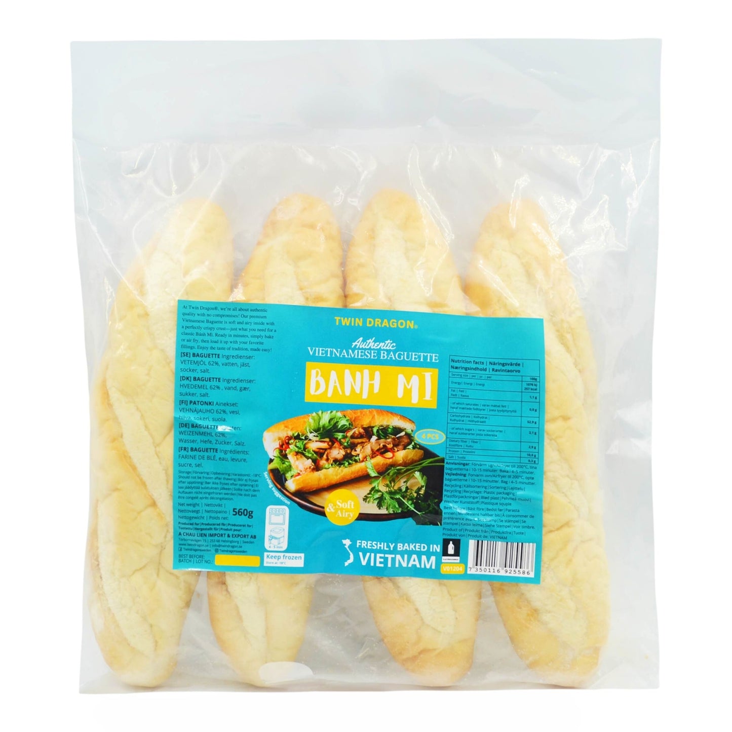 FROZEN TRADITIONAL VIETNAMESE BANH MI 90% BAKED (4PCS X 140G) 10 x 560g TWIN DRAGON