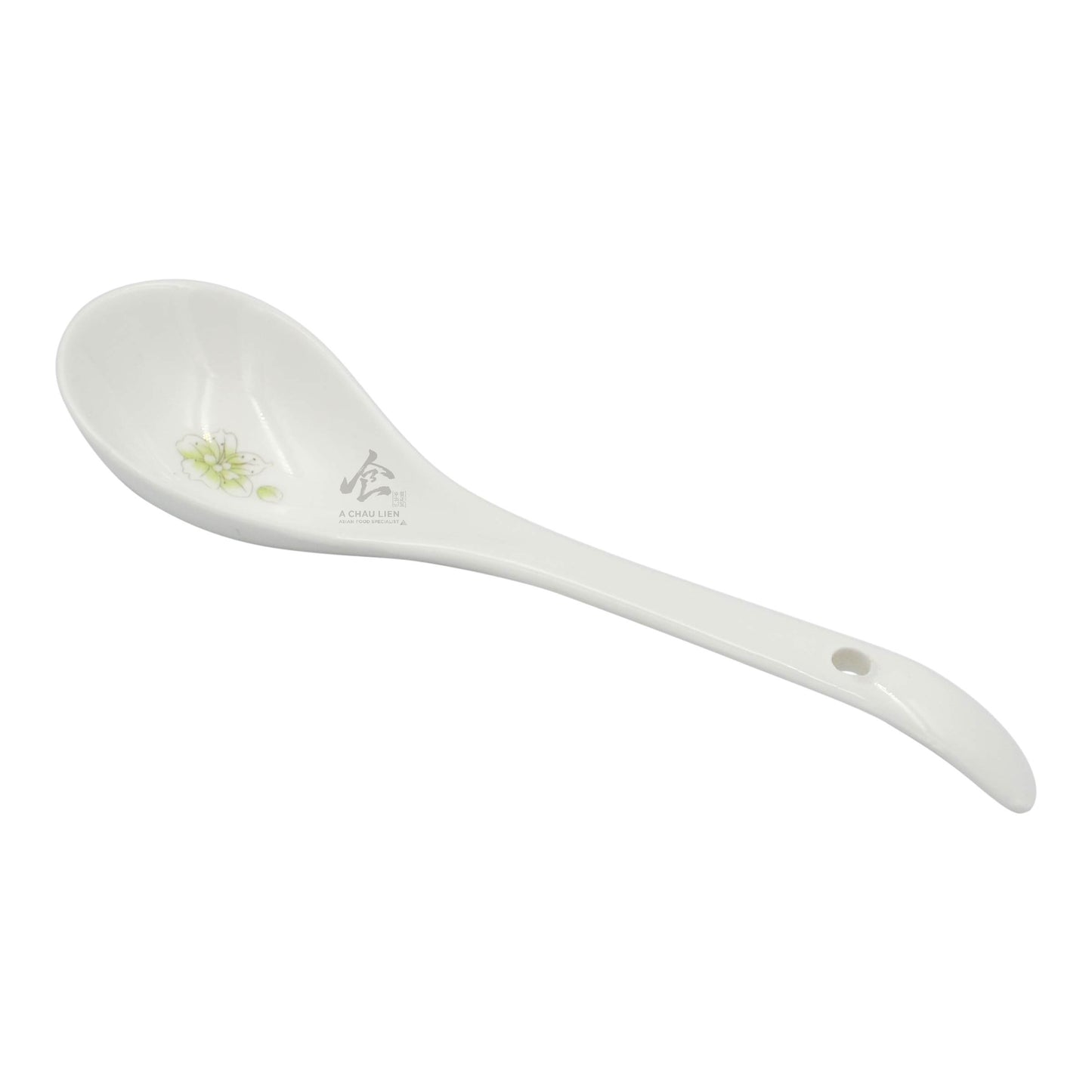 WHITE PORCELAIN SOUP SPOON GREEN LOTUS