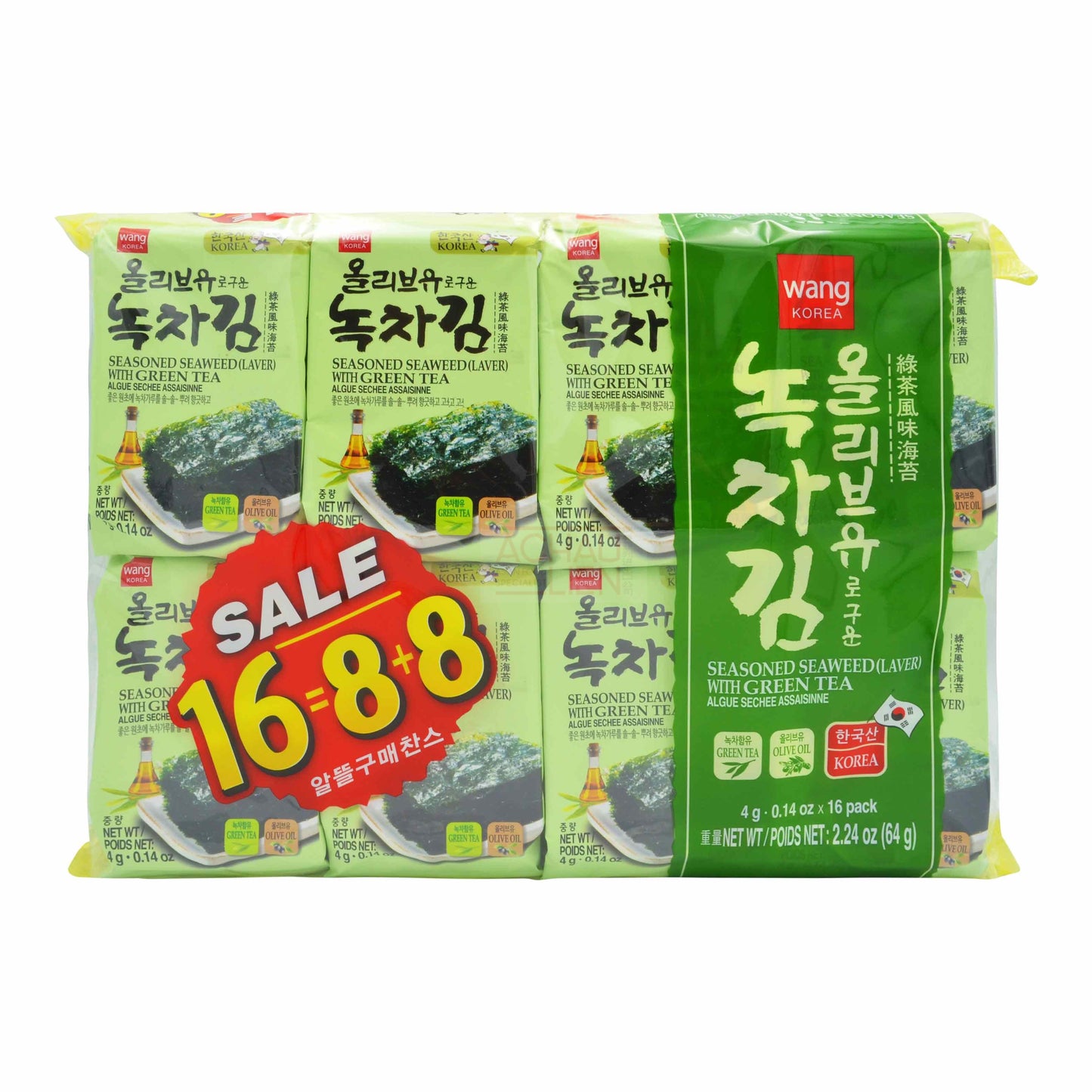 SEASONED SEAWEED LAVER GREEN TEA (16PCS X 4G) 6 x 64g WANG