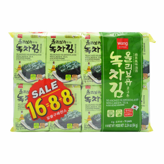 SEASONED SEAWEED LAVER GREEN TEA (16PCS X 4G) 6 x 64g WANG