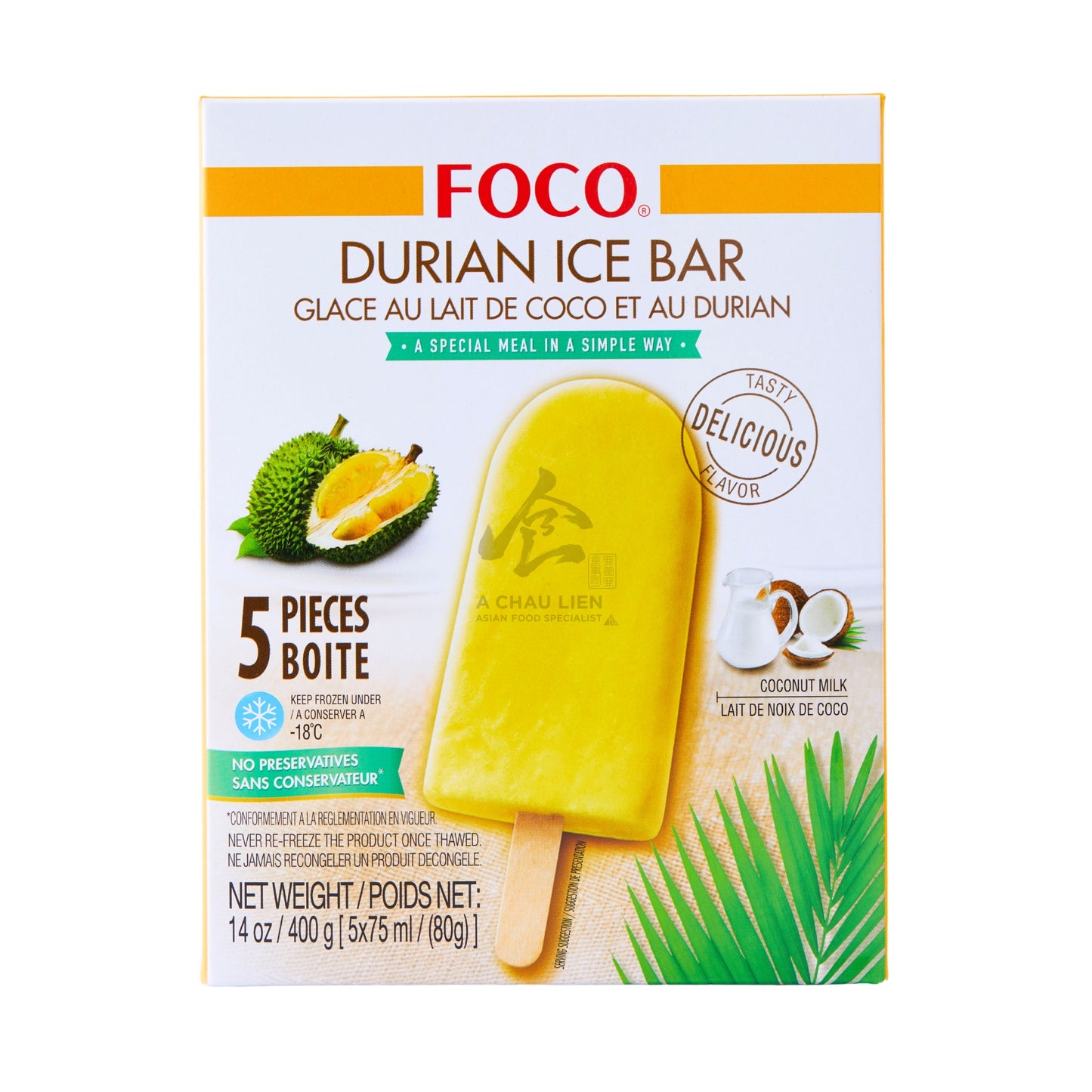 FROZEN DURIAN ICE BAR (5PCS X 80G) 6 x 400g FOCO