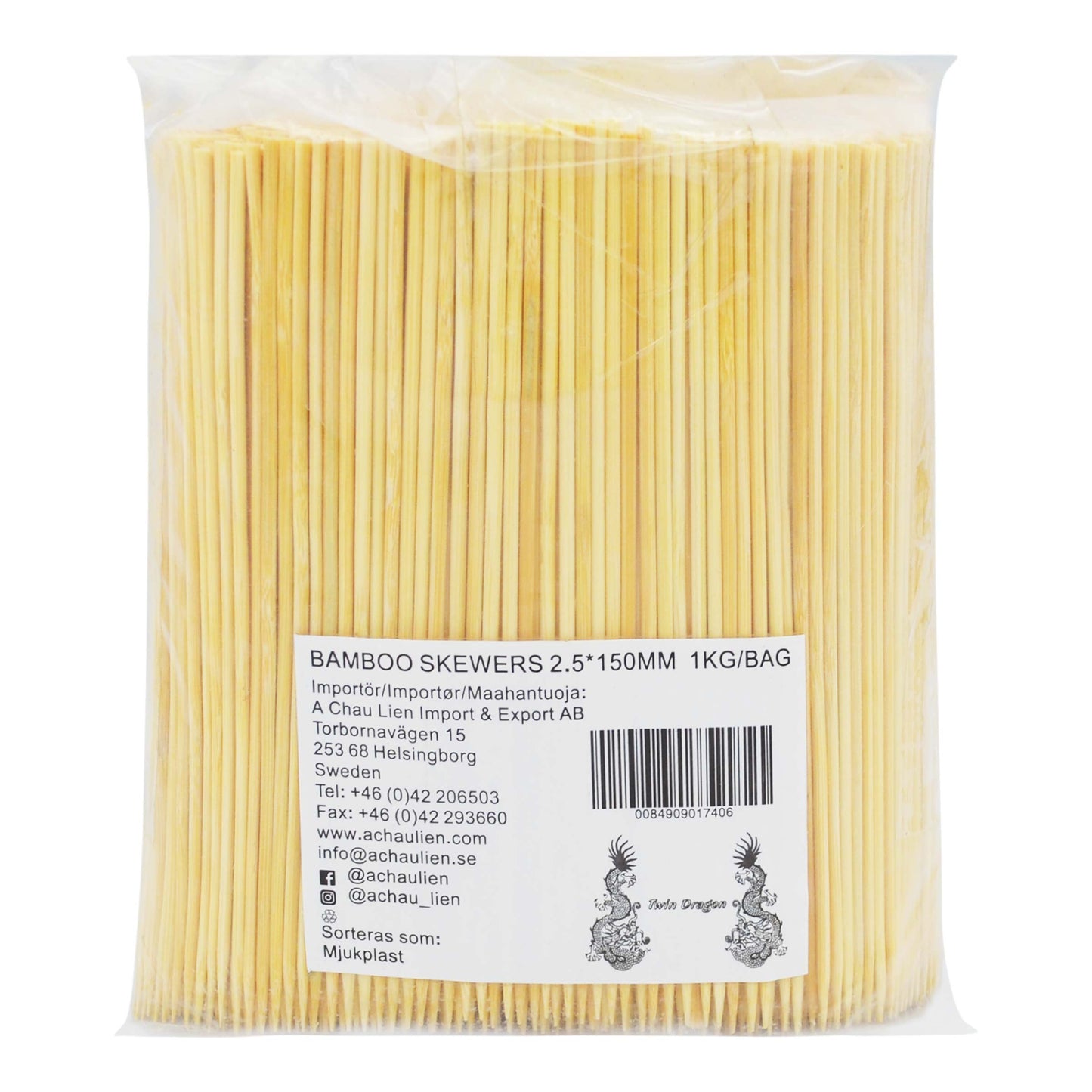 BAMBOO SKEWER (1000PCS X 2.5 X 150MM) 20 x 1kg TWIN DRAGON
