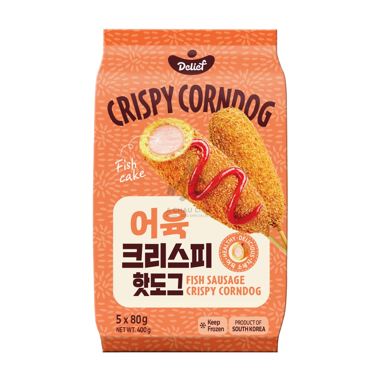 FROZEN CRISPY KOREAN CORN DOG FISH SAUSAGE (5PCS X 80G) 12 x 400g DELIEF