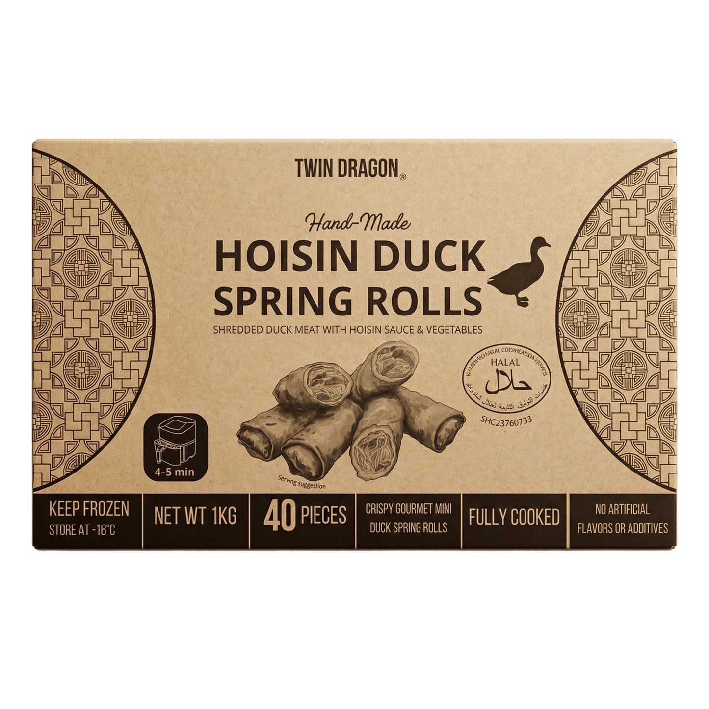 FROZEN HOISIN DUCK SPRING ROLLS ROUND 10 x 1kg TWIN DRAGON