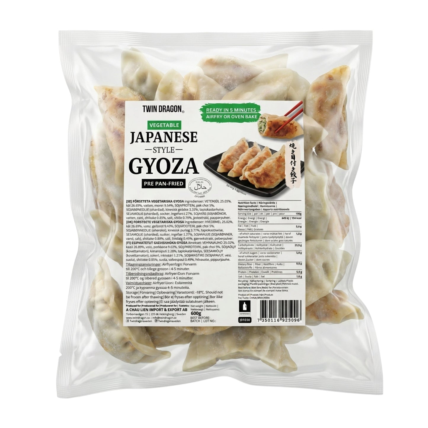 FROZEN PRE PAN-FRIED VEGETABLE GYOZA 10 x 600g TWIN DRAGON