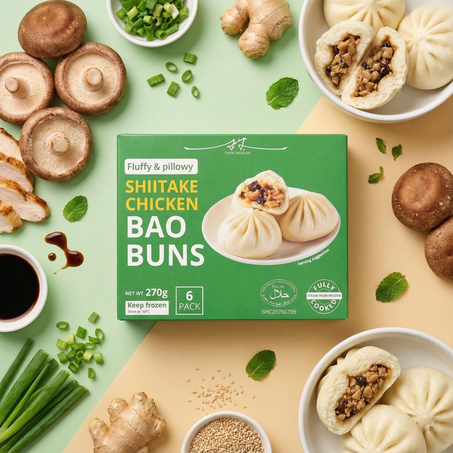 FROZEN SHIITAKE CHICKEN BAO BUNS (6PCS X 45G) 16 x 270g TWIN DRAGON