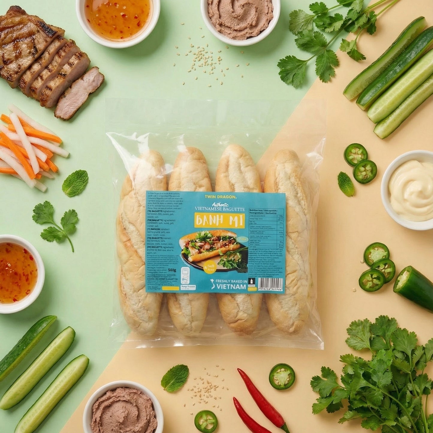 FROZEN TRADITIONAL VIETNAMESE BANH MI 90% BAKED (4PCS X 140G) 10 x 560g TWIN DRAGON